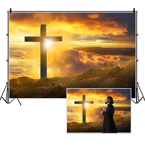 DORCEV 7x5ft Jesus Christ Cross Sunrise Photography Backdrop Mountain Top Sunset Glow Sky Background Holy Light Jesus Resurrection Christian Church Wallpaper Decor Props