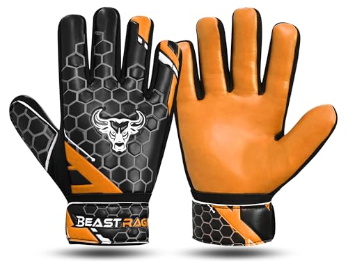 BEAST RAGE Guanti da portiere da calcio per ragazzi, bambini e ragazzi, con presa forte per i risparmi più duri, supporto per il polso 4 mm palmo in lattice (arancione, taglia 2, adatti per bambini