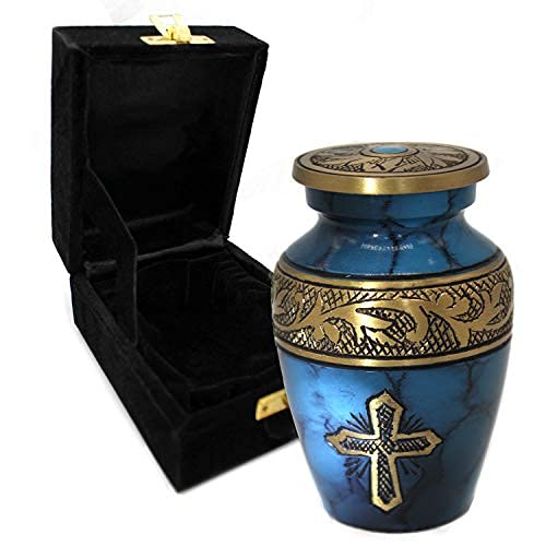 Image of Blue Cross Cremation Urn for Ashes Adult Male - Personalized Cremation Urns for Human Ashes Adult Man Decorative Urns - Beautifully Handcrafted Cross Urn