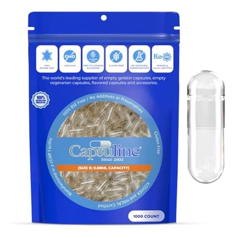 Capsuline Size 0 Empty Gelatin Capsules, Clear - 1000 Count | Gluten Free, Kosher, Non-GMO Certified | Pure Bovine Pill Caps for DIY Supplement Filling Cover