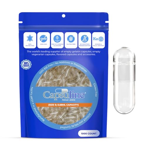 Capsuline Size 0 Empty Gelatin Capsules Clear - 1000 Count | Gluten Free Kosher Non-GMO Certified | Pure Bovine Pill Caps for DIY Supplement Filling - 1000