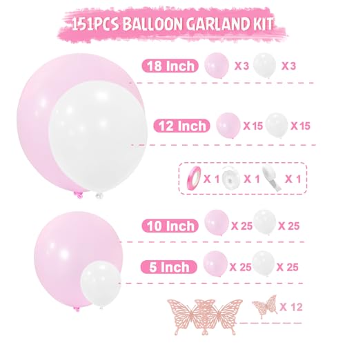 Pink White Balloon Arch Kit,151 Pcs Pastel Pink Balloon Garland Kit with Butterfly Stickers Latex Balloons Different Sizes 18/12/10/5 Inch for Wedding Bridal Shower Baby Shower Party Decorations - Image 2
