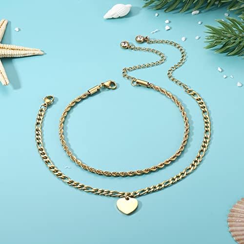 YADOCA Layered Anklets for Women Girls Heart Pendant Ankle Bracelet Adjustable Women's Anklets Chain Summer Beach Foot Jewelry Silver Gold