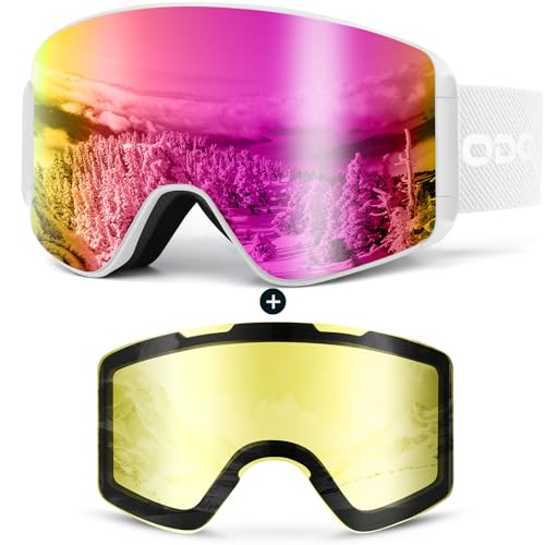 Odoland Ski Goggles Set with Detachable Lens,UV Protection Snow Goggles for Men and Women Pink Lens Vlt 15%