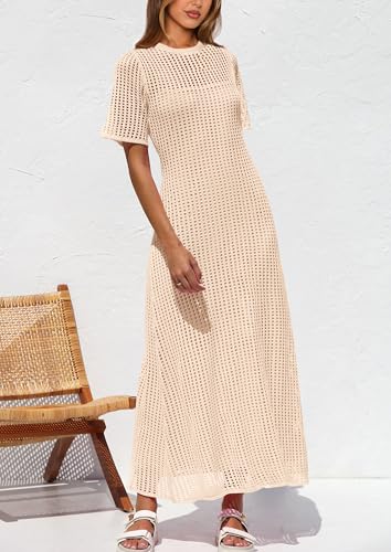 PRETTYGARDEN Womens Eyelet Cover Up Dress 2025 Summer Vacation Resort Maxi Dresses Beach Short Sleeve Hollow Out Sundress3