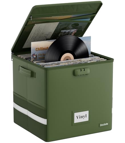 DocSafe Mallette de transport pour disques vinyles résistante au feu avec serrure, vert, 33 x 33 x 33cm, Moderne