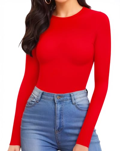 Image of MANGOPOP Womens Bodysuit Long Sleeve Crew Neck Body Suit for Women Ribbed Bodysuits Shirts Red Small