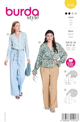 burda style Schnittmuster Damen #5746 Blusen mit Gummizug und V-Ausschnitt Gr. 36-48