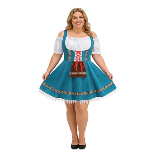 HAPNBCELE Women Oktoberfest Costume Bavarian Dirndl Dress (Cyan Blue, 2X)