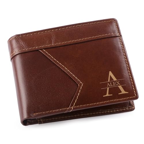 Personalized Custom Wallets for Men: Mens Genuine Leather Bifold Wallet with Custom Initial Name Text - Customized Gifts for Dad Father Boyfriend (Style 3)