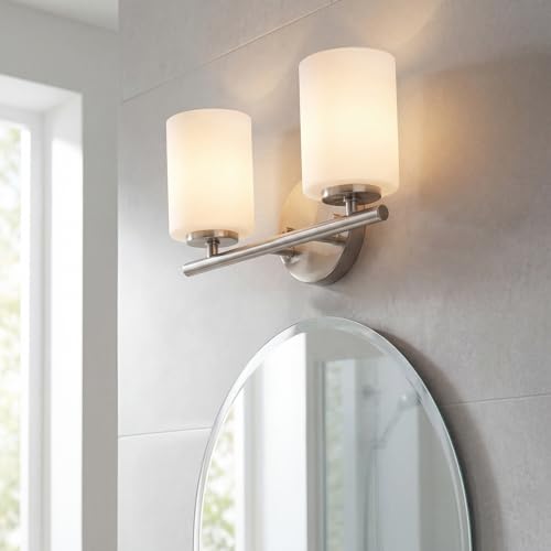 Image of Replay Collection 2-Light Etched White Glass Modern Bath Vanity Light Brushed Nickel