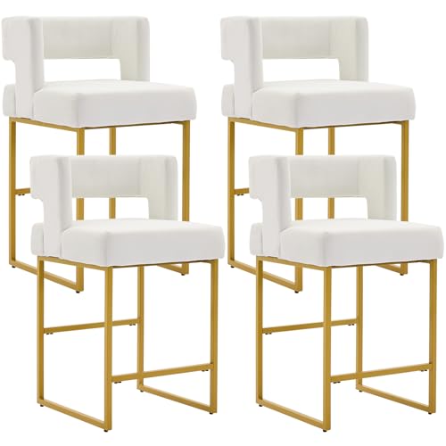 Image of Counter Height Bar Stools Set of 4, White Velvet Bar Chair Gold Leg | 26 inch Seat Height Fits Standard Kitchen Islands, Upholstered Barstools, Back Support, Square Metal Legs, Footrest