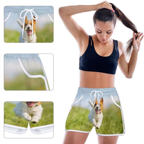 Happy Corgi Dog Damen-Shorts mit Taschen, süße Hundesporthose, bequeme Strand-Shorts, Fitnessstudio, Yoga, Laufen, lässig, Sweat-Shorts, farbig, S