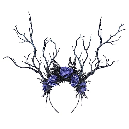 MOSTORY Geweih-Haarreif mit Zweigen für Damen, Waldgeweih-Haarreif mit blauer Blume für Renaissance-Cosplay-Kostüm
