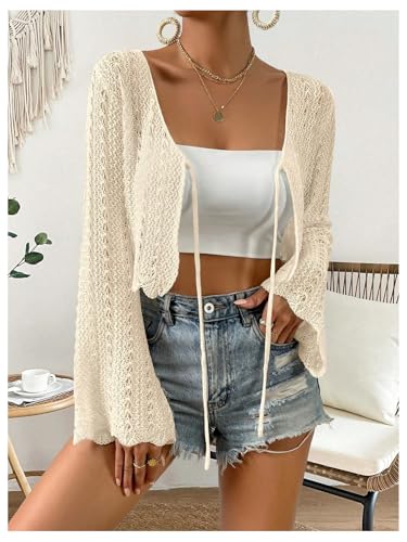 Image of Verdusa Women's Tie Front Crop Cardigan Bell Long Sleeve Scalloped Lightweight Knit Tops Summer Beach Cover Up