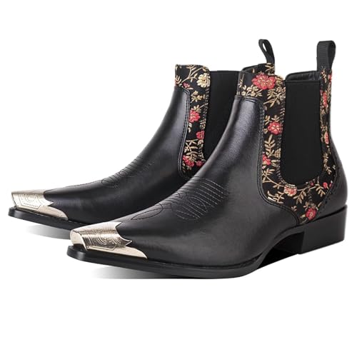 Men's Chelsea Boots with Floral Jacquard Fabric and Silver Toe Cap Slip On Dress Boots for Stage, Party, Fashion, Casual, Stylish Shoes2