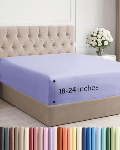 Image of Extra Deep Cal King Fitted Sheet - Single Fitted Sheet Only - Lavender | Easily Fits 18 inch to 24 inch Mattress, Soft, Wrinkle Free, Breathable & Comfy, Extra Deep Pockets Hotel Luxury Fitted Sheet