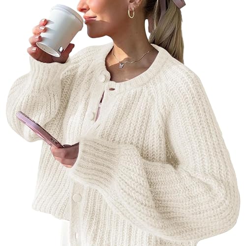 FindThy Women’s Chunky Knit Cardigan Long Sleeve Button Down Crewneck Fall Sweater Coat