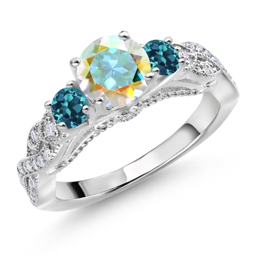 Gem Stone King 925 Sterling Silver Mercury Mist Mystic Topaz London Blue Topaz and White Moissanite Engagement Ring For Women (1.53 Cttw, Gemstone, Round 6MM and 3MM)