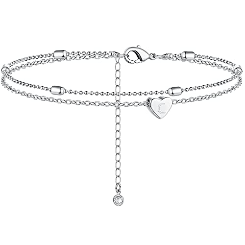 Moodear Silver C Initial Anklet Layered Dainty White Gold Tiny Heart Charm Handmade Carved Alphabet A-Z Letter Ankle Bracelet Beaded Foot Personalized Name Anklets Summer Cute Boho Beach Gift Women #TOP3