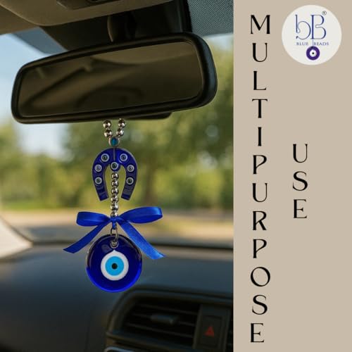 Image of BLUE BEADS Turkish Feng Shui Vastu Blue Glass Evil Eye Hanging /Door Hanging Nazar Batu for Protection and Good Luck - Perfect for Gifting Home or Office (Horseshoe)