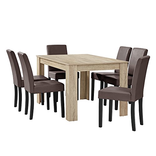 [en.casa] Table à Manger chêne Brilliant avec 6 chaises Marron Cuir-synthétique rembourré140x90