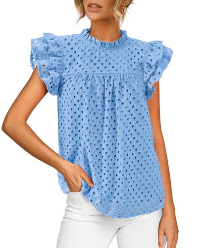 BTFBM Casual Summer Tops for Women 2025 Short Ruffle Sleeves Shirts Crew Neck Hollow Out Lace Embroidered Blouses
