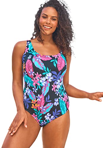 Swimsuits For All Swim 365 Women's Plus Size One-Piece Tank Swimsuit with Adjustable Straps - 18, Black Paradise Floral