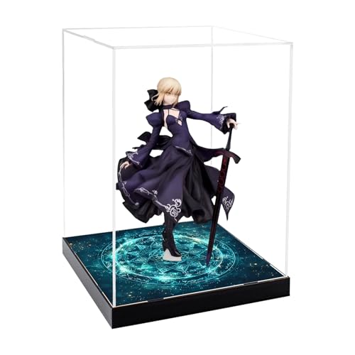 CHILLCASE Magic Array Design Acrylic Clear Display Case with Base Dustproof Display Box Assemble Collectible Showcase for Action Figures, Models PVC Figures(Green,9.8×9.8×13.8 inch
