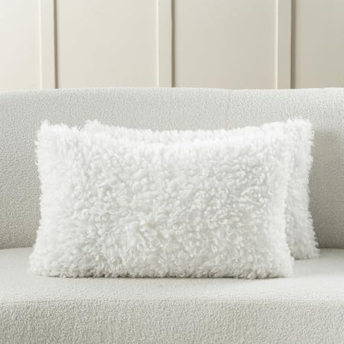 FUTEI Cream White Decorative Throw Pillow Covers 12x20 Inch Set of 2,Soft Fluffy Faux Wool Fur Boucle Textured Lumbar Pillow Case,Modern Home Decor for Couch Bed Living Room Office