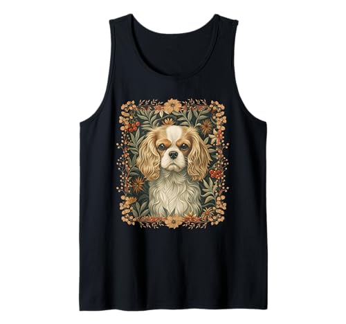 Illustrazione Blenheim Cavalier King Charles Spaniel con ricchi dettagli floreali. Presenta la calda castagna e il mantello bianco della razza, gli occhi espressivi e le orecchie fluenti in uno stile botanico vintage.