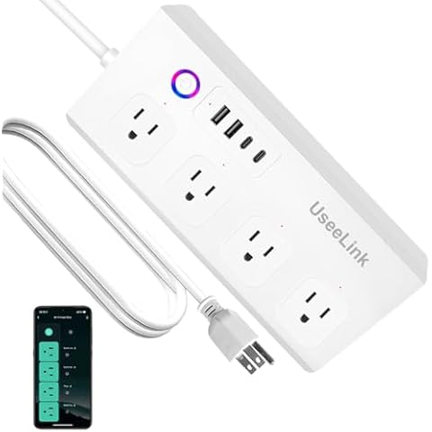 UseeLink Smart Power Strip, WiFi Flat Plug Strip with 4 Smart Outlets and 4 USB Ports(2A2C), 5 Feet Extension Cord Surge Protector, Only 2.4 GHz Wi-Fi, Compatible with Alexa and Google Home, White Cover