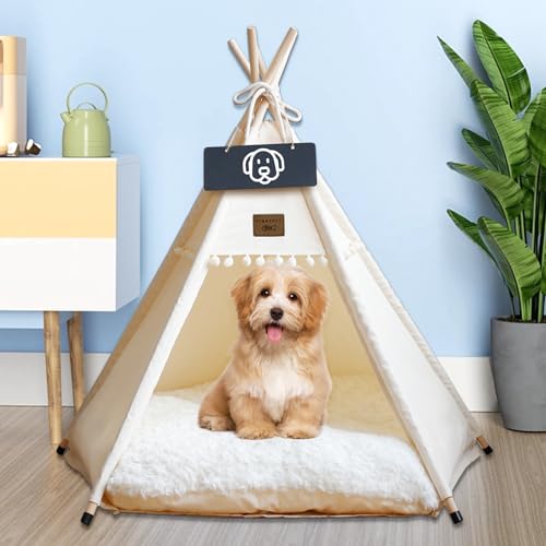 Vinnypet Tipi Zelt fur Katzen und Hunde Haustierzelte Häuser mit Plüschkissen Luxery Hundezelt Katzenzelt Abnehmbar und Waschbar Katzenhaus Haustierhäuser 50x50x60cm