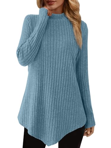 JUSTFASHIONNOW Womens Tunic Tops Long Sleeve Shirts for Women Loose Fit Dressy Turtleneck Pullover Sweaters 2025 Trendy(Blue,Medium)