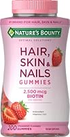 Nature's Bounty Optimal Solutions Hair, Skin and Nails Gummies with Biotin, 2500 mcg, Strawberry Flavored, 200 Count, 100 Total Servings