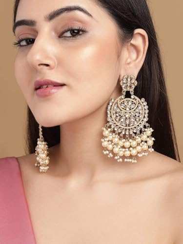 Image of Rubans Chandelier Earrings Kundan Pearl Traditional Jewellery Wedding Festive Gift for Women & Girls