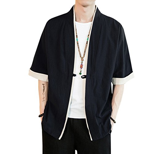 [foveitaa] 夏服 メンズ 和式 パーカー 七分袖 五分袖 半袖 メンズ 夏 大きいサイズ tシャツ 甚平 和風 羽織 和式 和柄 カーディガン コート 無地 ゆったり カジュアル 開襟シャツ 重ね着風 かっこいい トップス Black M（Amazon）