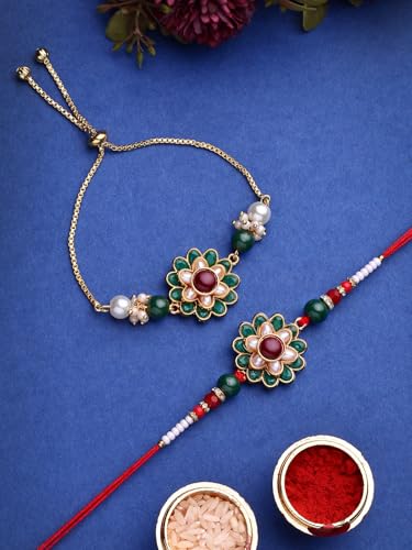 Image of Sukkhi Rakhi Most Beautiful Floral with Gold Plated Red Green Rakshabandhan Combo Lumba Rakhi for Brother Bhiaya Bhabhi with Roli Chawal & Greeting Card|Set of 2|CBRAKL107458