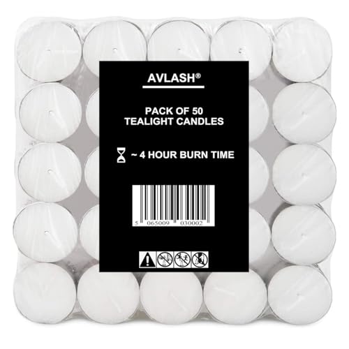 Avlash Pack of 50-4 Hour Burning Time Unscented Tea Lights Great for Centrepieces Weddings Christmas Spa Dining Table and Home Décor
