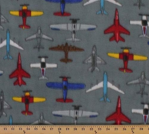 Fleece Multicolored Airplanes Flying Gray Grey Fleece Fabric Print by The Yard (A332.04)
