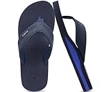 KuaiLu Men's Leather Flip Flops Arch Support Summer Beach Pool Water Thong Sandals Waterproof Rubber Walking Shoes Slip on Orthotic Casual Sport Cushioned Wide Slides Shower Slippers Blue Size 11