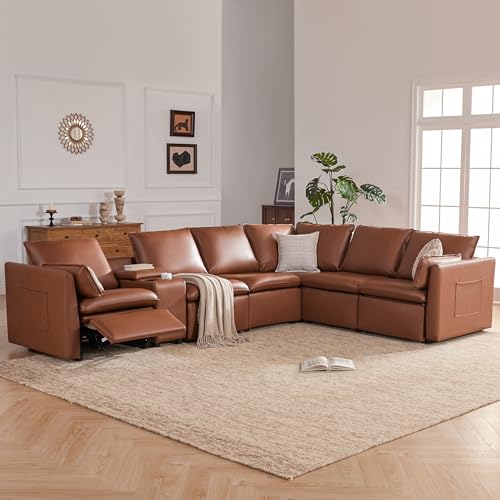 Image of 6-Seater Wall-Hugger Recliner Sectional Couch with Storage Console, Power Reclining Sectional Sofa Set with Cup Holders, Leather Reclining Sectional Couch for Living Room, Brown