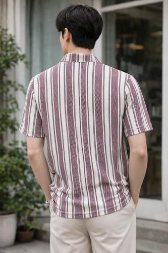 Image of London Hills Men's Loose Fit Half Sleeve Vertical Striped Polo T-Shirt with Zip Collar | Premium Polyester Fabric | T Shirt for Man | Tshirt | Shirts Men | Tshirt for Man | Men T-Shirts