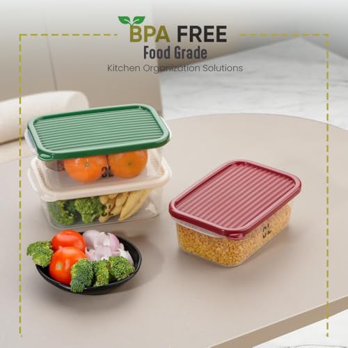 Image of Set of 3 Fridge Storage Containers with Lids 1100ml Each | BPA Free Food Grade Stackable Transparent Freezer Safe Boxes for Vegetables Fruits Snacks Kitchen Made in India