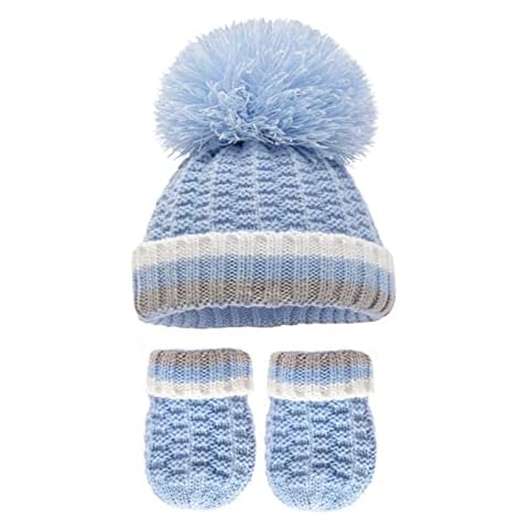 Soft Touch Baby Boys Girls Pom Pom Hat Unisex Cable Knit Twist Hat Mittens Set 0-12 Months H648 (Blue), One Size Cover