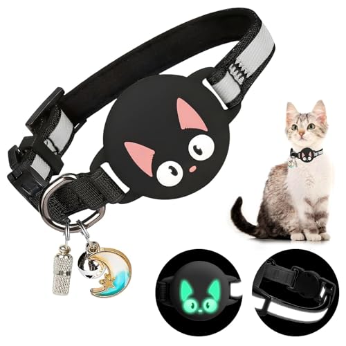 Woyinger ベル付き反射分離猫首輪、Airtag安全バックル子猫首輪用隠しGPSトラッカー、ネームタグ付き、AirTag用防水猫首輪ホルダー、アクセサリー、スタッフ(ブラック)