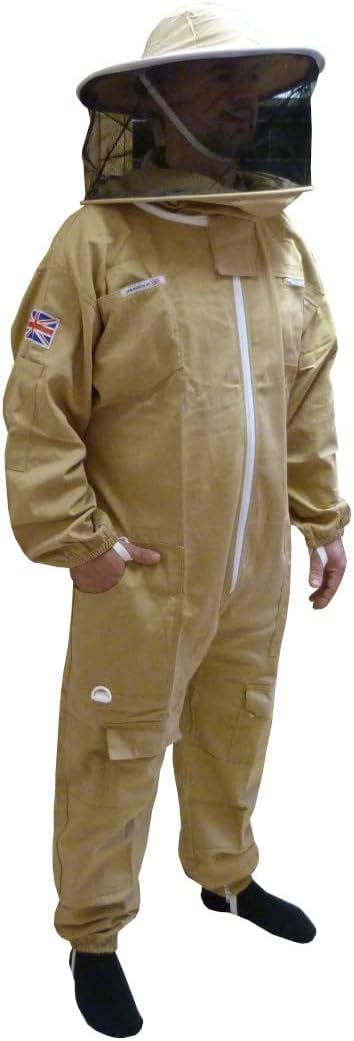 AGS Traje de apicultura de algodón con sombrero redondo – Ropa protectora verde oliva para apicultores, traje profesional tradicional de apicultura (mediano)