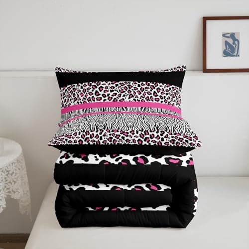 Image of Feelyou Pink Leopard Comforter Set Queen Size, Zebra Print Comforter for Kids Boys Girls Pink Black Bedding Set Safari Animal Duvet Insert Bed Set 3Pcs