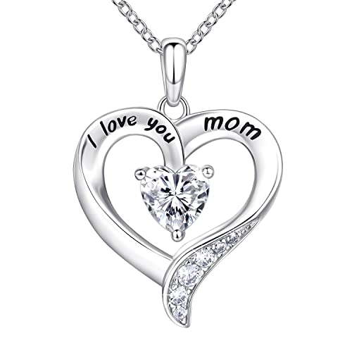 Mom Necklace 925 Sterling Silver Heart Necklaces for Women Engraved I Love You You Mom Gifts for Mom From Daughter