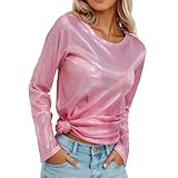 Lässiges, glänzendes Langarm-Pullover-T-Shirt mit Metallic-Glanz, lockerer Passform und bequemer Bluse für den Alltag.(Rosa,M)